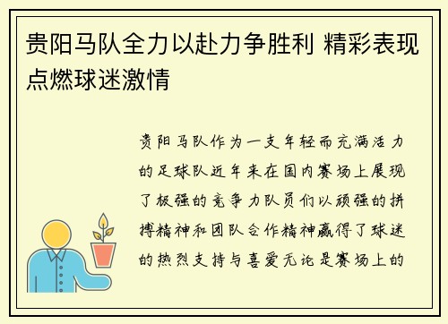 贵阳马队全力以赴力争胜利 精彩表现点燃球迷激情