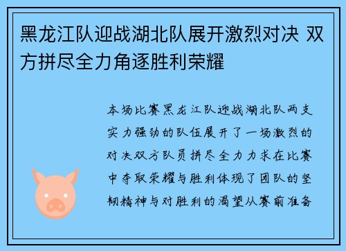 黑龙江队迎战湖北队展开激烈对决 双方拼尽全力角逐胜利荣耀