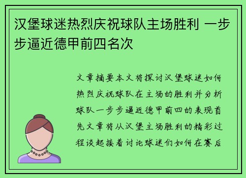 汉堡球迷热烈庆祝球队主场胜利 一步步逼近德甲前四名次