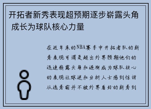 开拓者新秀表现超预期逐步崭露头角 成长为球队核心力量