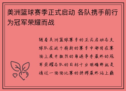 美洲篮球赛季正式启动 各队携手前行为冠军荣耀而战
