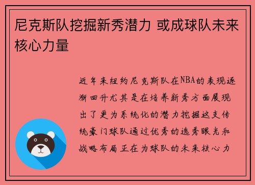 尼克斯队挖掘新秀潜力 或成球队未来核心力量