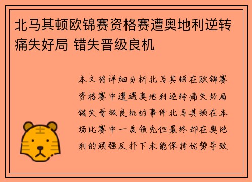 北马其顿欧锦赛资格赛遭奥地利逆转痛失好局 错失晋级良机
