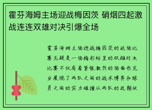 霍芬海姆主场迎战梅因茨 硝烟四起激战连连双雄对决引爆全场