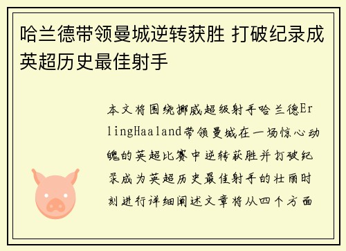 哈兰德带领曼城逆转获胜 打破纪录成英超历史最佳射手