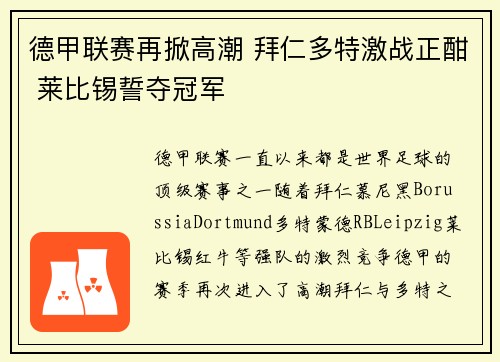 德甲联赛再掀高潮 拜仁多特激战正酣 莱比锡誓夺冠军